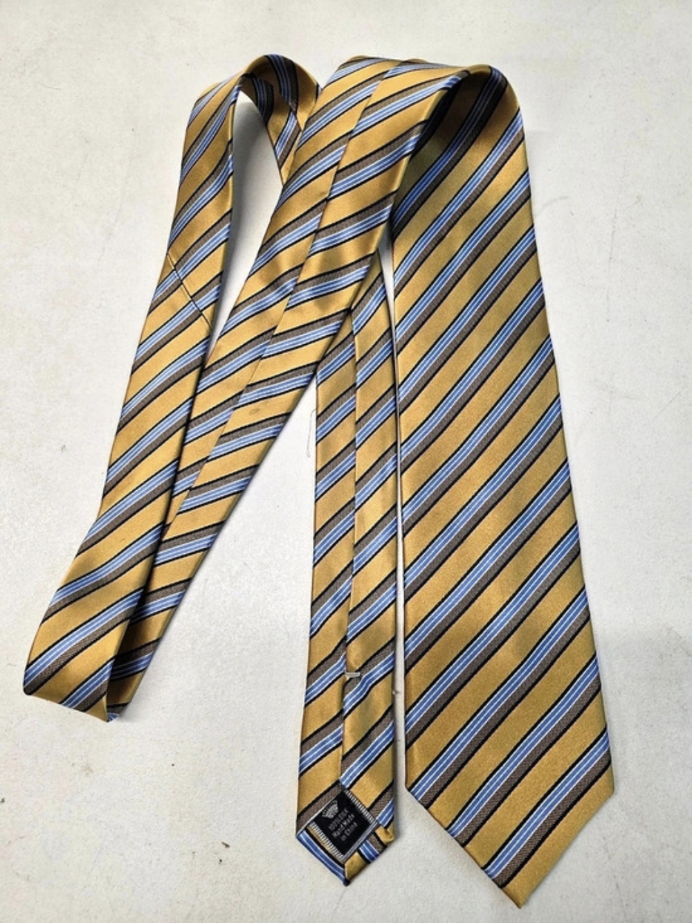 Countess Mara Menโs 100% Silk Tie Gold Blue Navy Striped Necktie Crown Logo